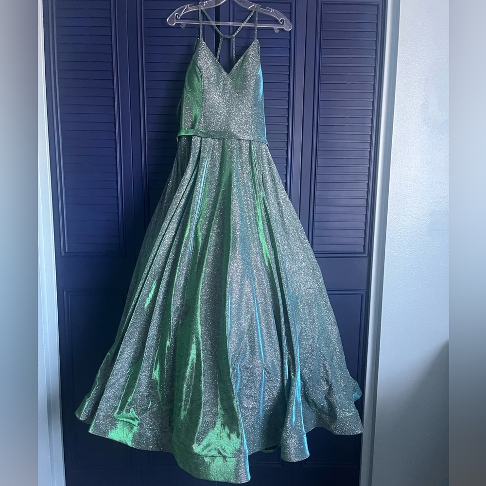 Star Box A-Line Shiny and Sparkly Emerald Blue/Green Ball Gown iridescent